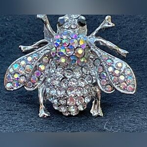 Crystal Rhinestone Shimmer Iridescent Honey Bee Bumblebee Silver Statement Ring